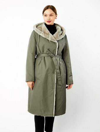 Двустороннее зимнее пальто с капюшоном и поясом