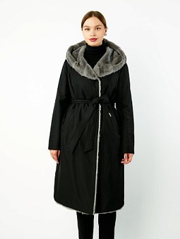 Двустороннее зимнее пальто с капюшоном и поясом