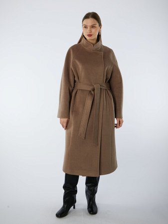 Пальто полушерстяное удлинённое с воротником-стойкой и поясом