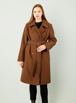 Пальто женское, двубортное, английский воротник, пояс