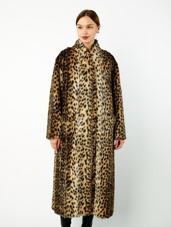 Шуба из экомеха с шалевым воротником и поясом