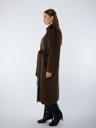Пальто полушерстяное удлинённое с воротником-стойкой и поясом