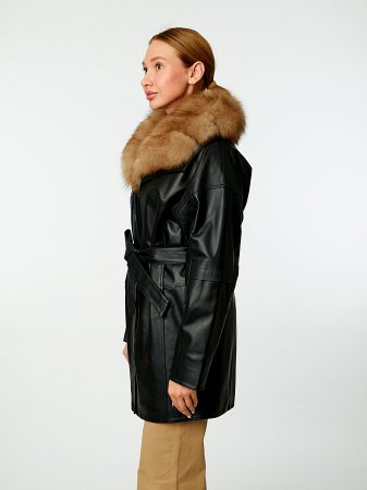 Полупальто из натуральной кожи с воротником апаш и съёмным мехом песца