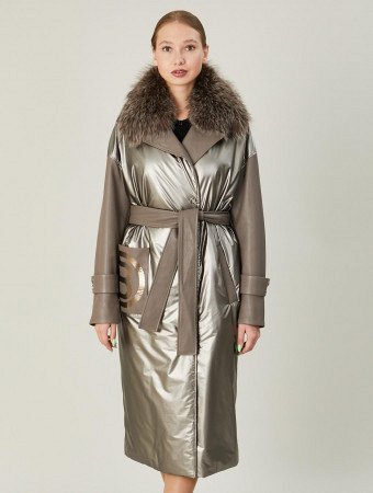 Комбинированное пальто из текстиля и кожи со съёмным воротником из лисицы
