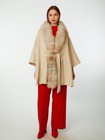 Пальто-пончо из кашемира с отделкой мехом песца
