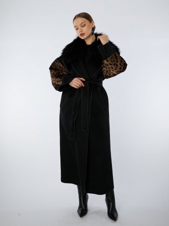 Демисезонное пальто со съемным мехом лисы и комбинированное кожей