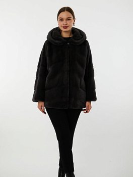 Укороченная шуба из меха норки с капюшоном