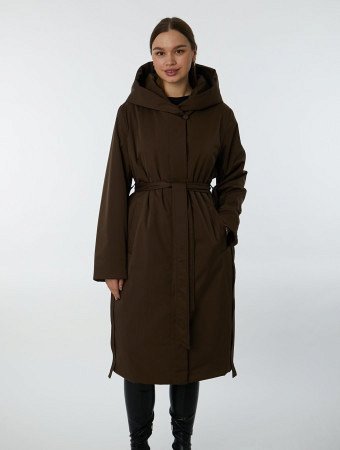 Утепленный плащ с капюшоном и поясом