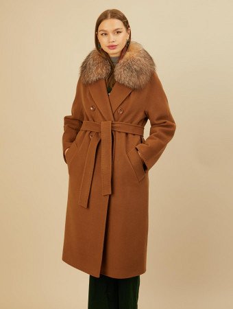 Двубортное пальто со съемным мехом лисицы