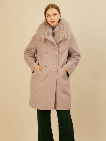 Двубортное полупальто со съемным мехом лисицы