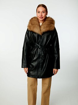 Полупальто из натуральной кожи с воротником апаш и съёмным мехом песца