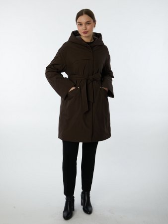 Удлиненная куртка на синтепоне с капюшоном и поясом